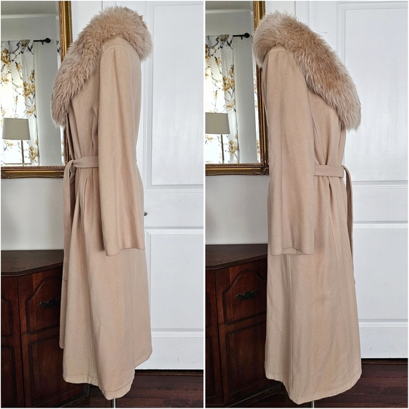 Vintage 100% Luxurious Cashmere Elegant  Cream Coat Robe, Detachable Fur Collar - Picture 6 of 16